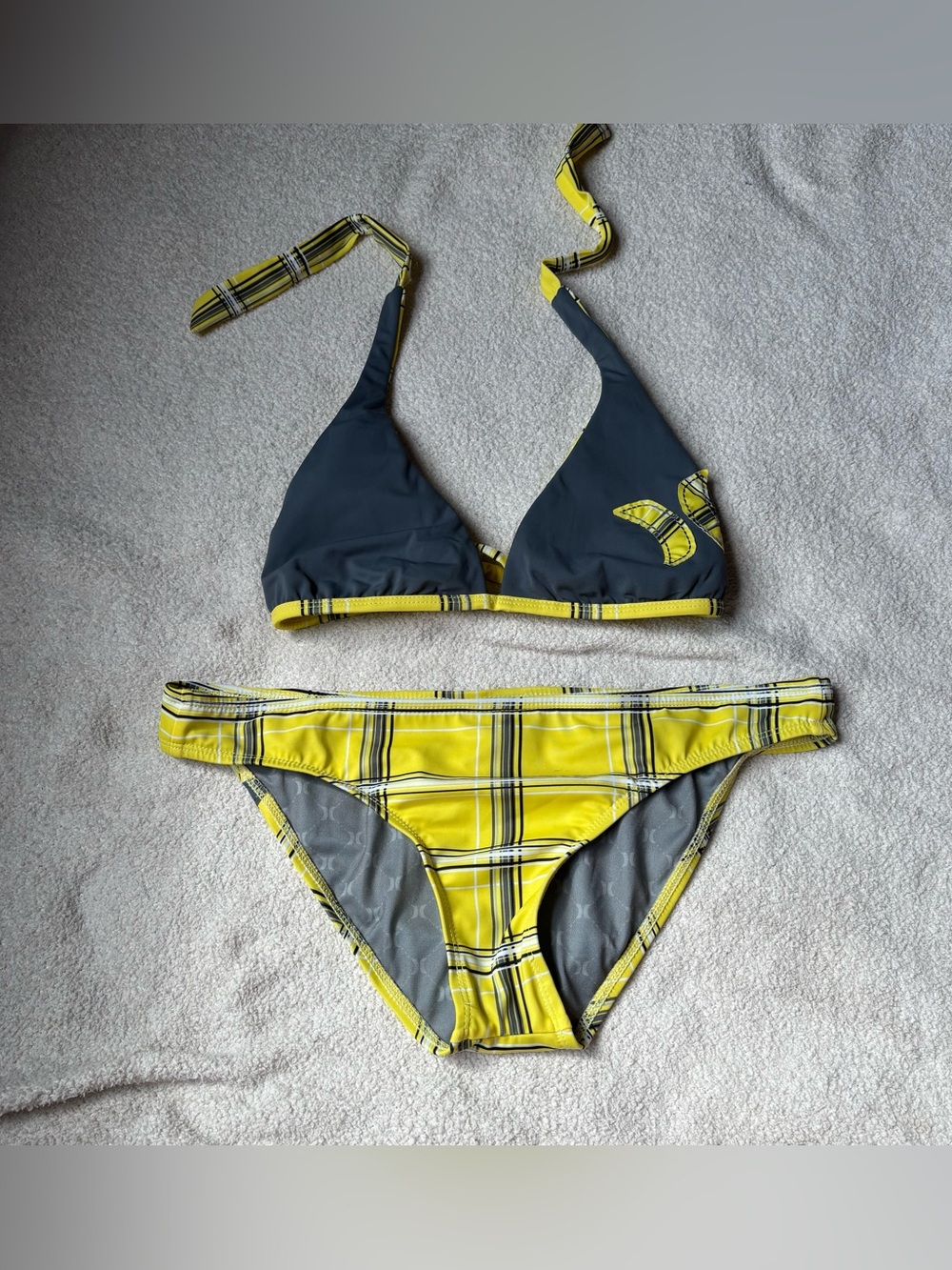 Y2K Hurley Plaid Reversible Bikini Set Yellow Charcoal Grey Logo Size Large